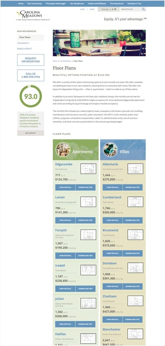 The Floor Plans page from the Carolina Meadows website