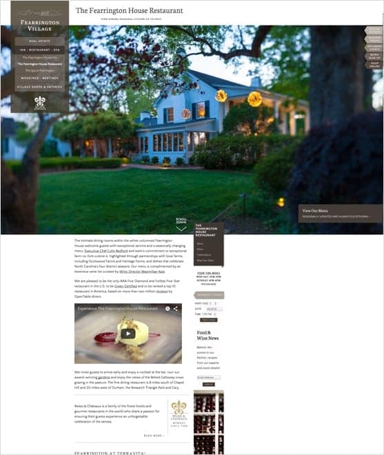 Web page showing the Fearrington Village Restaurant