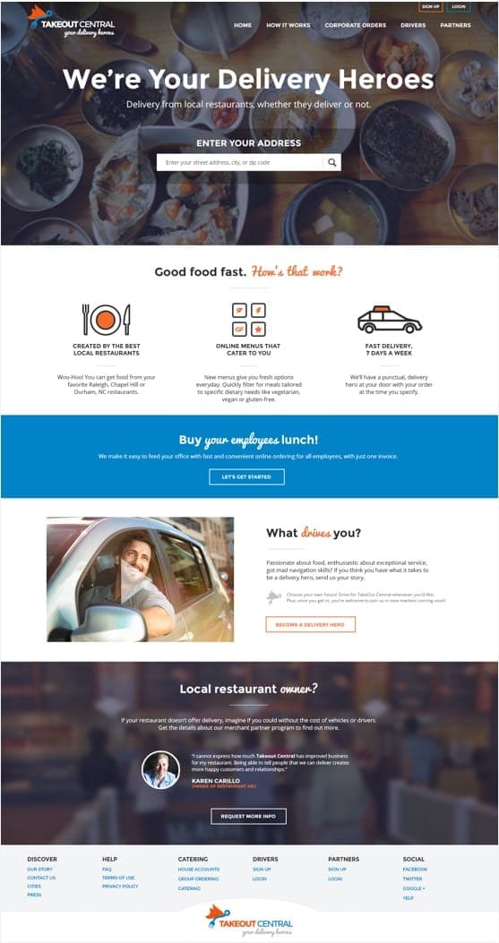 Desktop view of the Takeout Central website