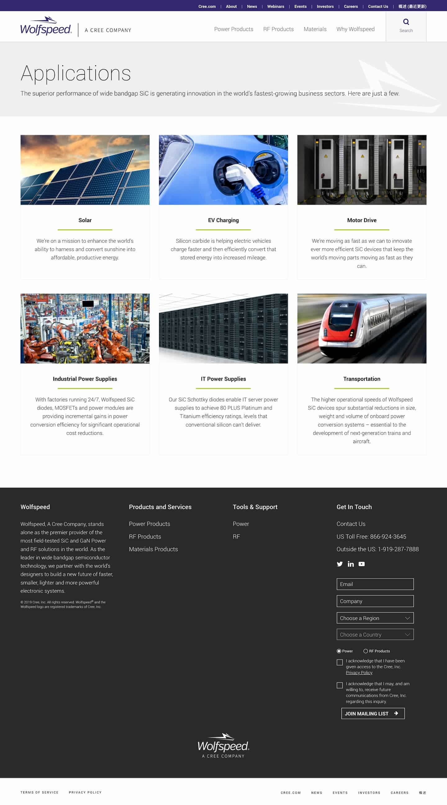 Wolfspeed website Applications landing page on laptop
