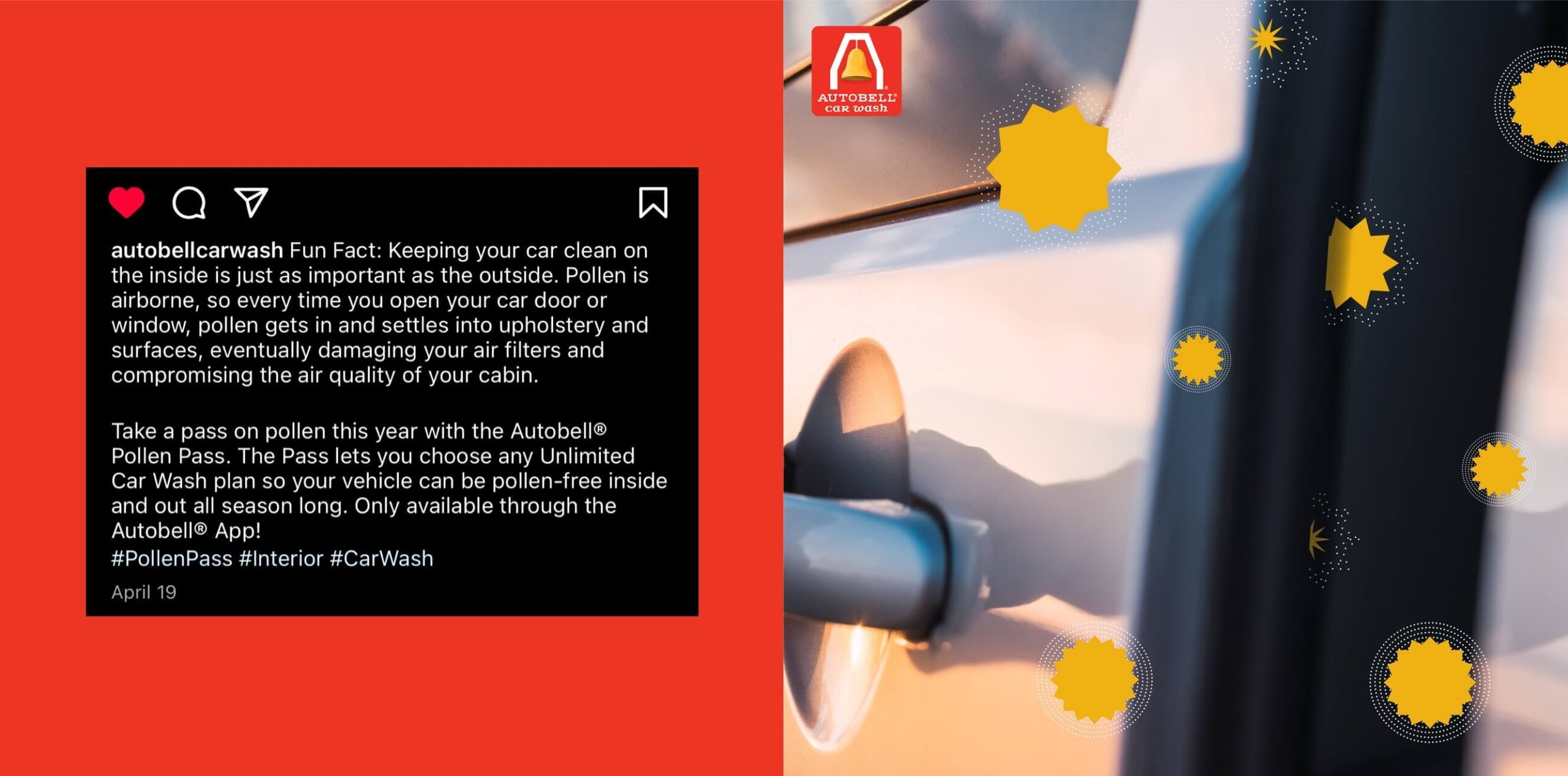 Fun Fact: Keeping your car clean on the inside is just as important as the outside. Pollen is airborne, so every time you open your car door or window, pollen gets in and settles into upholstery and surfaces, eventually damaging your air filters and compromising the air quality of your cabin. Take a pass on pollen this year with the Autobell® Pollen Pass. The Pass lets you choose any Unlimited Car Wash plan so your vehicle can be pollen-free inside and out all season long. Only available through the Autobell® App! #PollenPass #Interior #CarWash