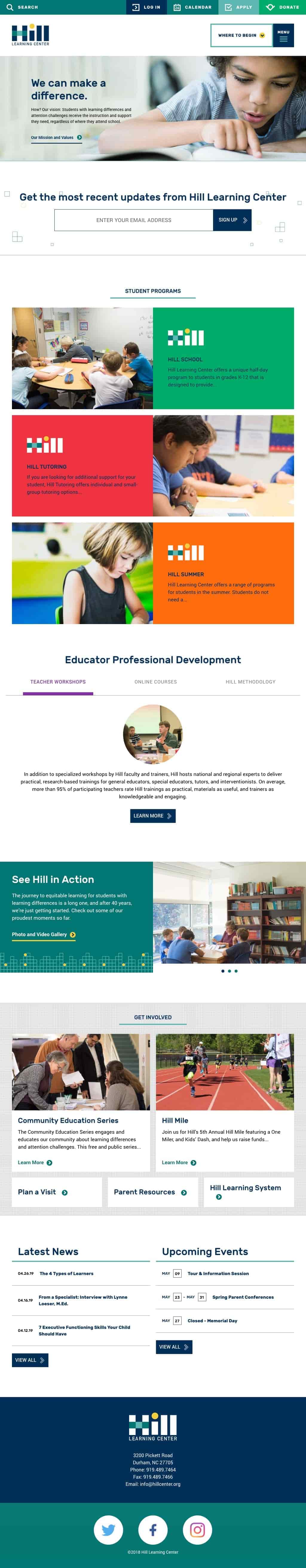 Hill Learning Center Homepage web page on tablet
