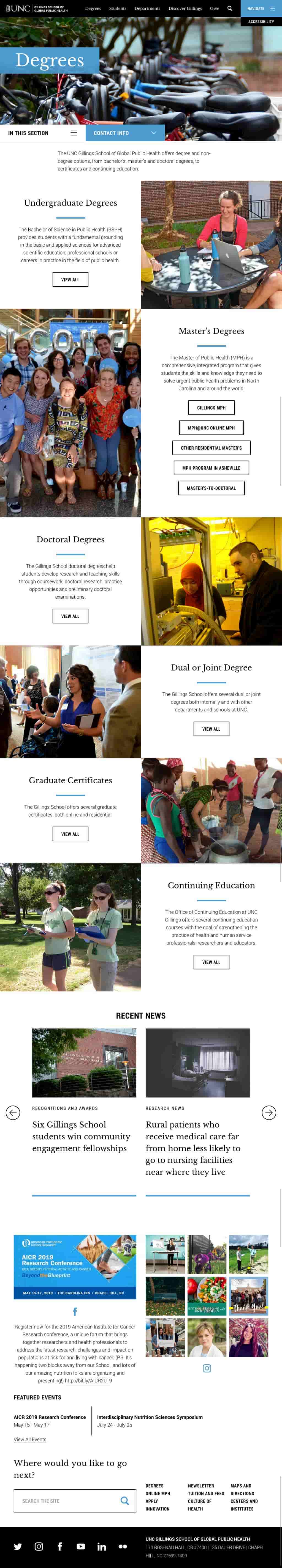 UNC Gillings School website Degrees landing page on tablet